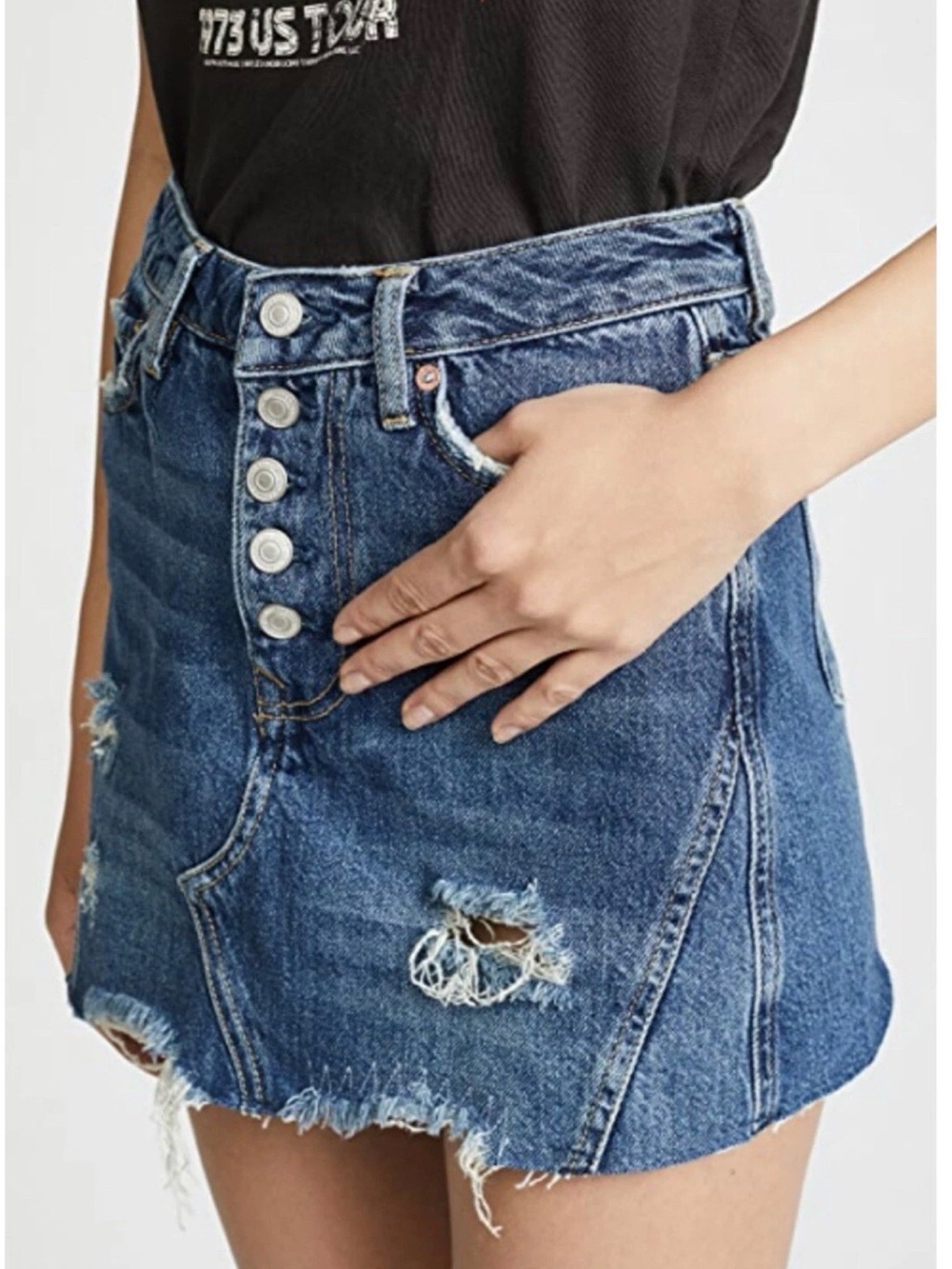 Free People Button Fly Distressed Shredded Fringe Hem Cutoff Jean Skirt EUC